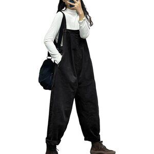 Overalls Women Plus Size Loose Fit Jumpsuit Adjustable Waist Cotton Romper Black